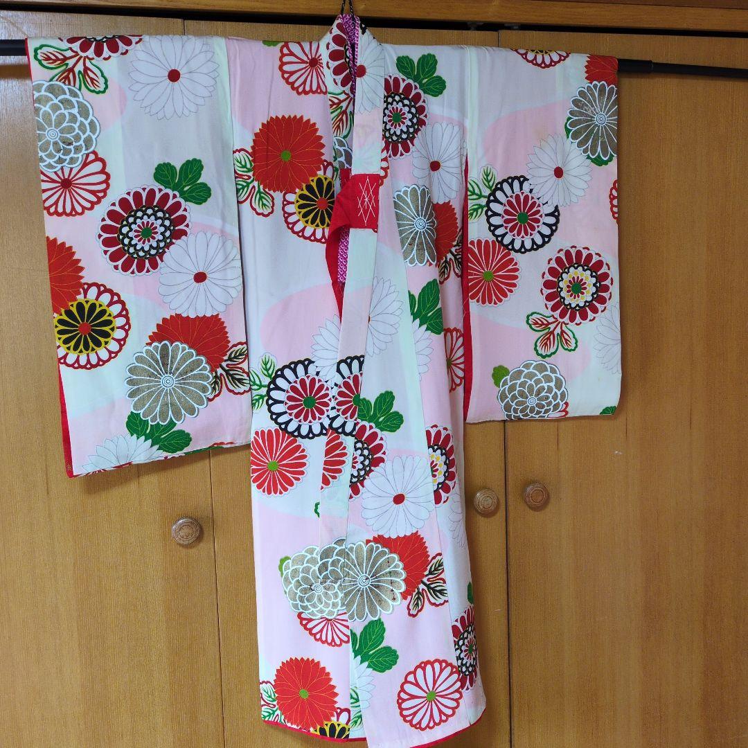 七五三３歳女の子アンティーク着物と正絹総絞り手縫いの被布と巾着