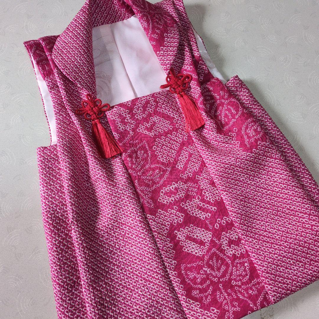 七五三３歳女の子アンティーク着物と正絹総絞り手縫いの被布と巾着