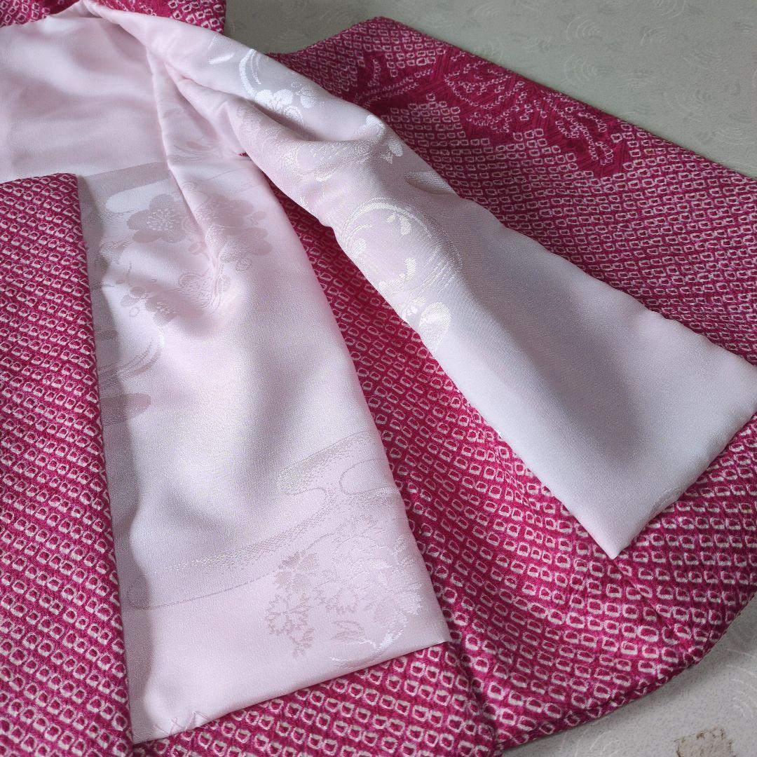 七五三３歳女の子アンティーク着物と正絹総絞り手縫いの被布と巾着