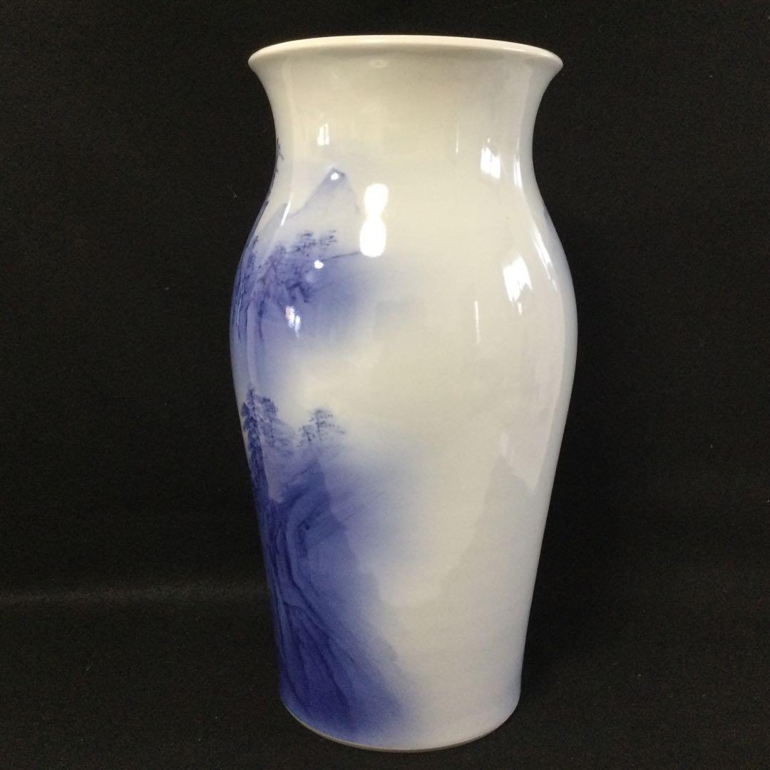 砥部焼 青染付山水図花瓶 中元竹山作 花器 L206