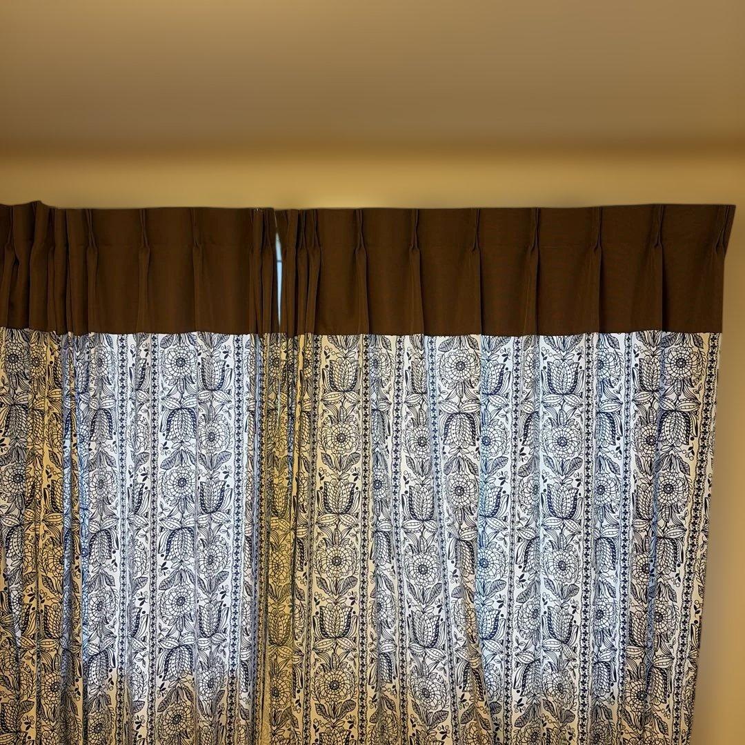 ネイビーとホワイトの花柄ドレープカーテン　北欧　オーダーメイド