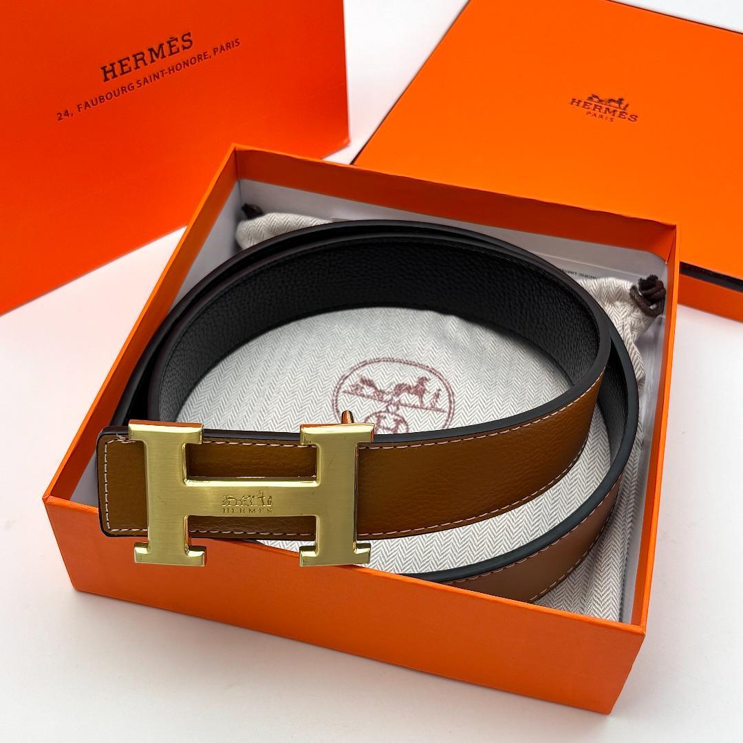 HERMEs エルメス ベルト Hバックル レザー ブラウン ゴールド金具
