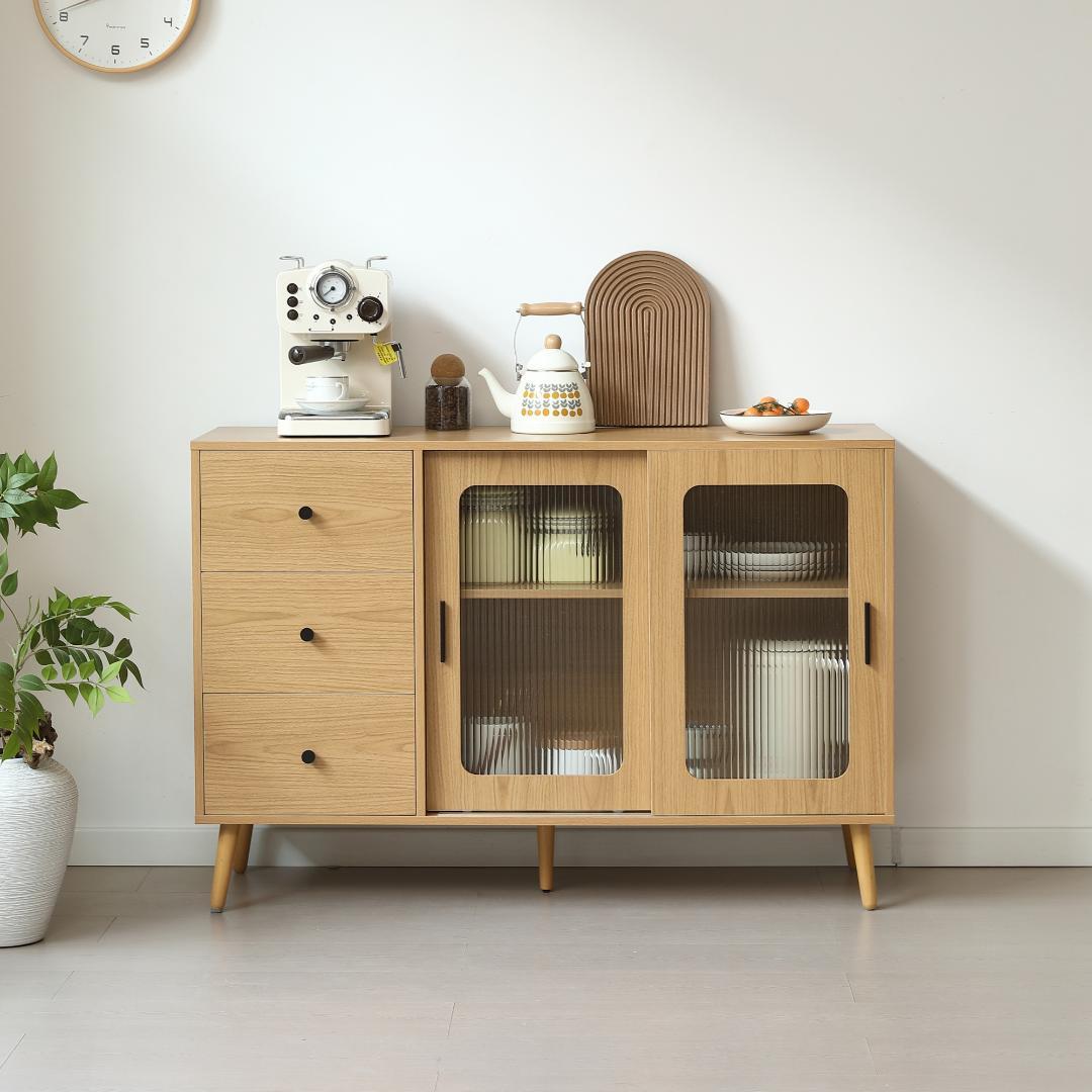 タイムセール！新作のキャビネット　引き出し付き　食器棚　扉付き　NATURAL