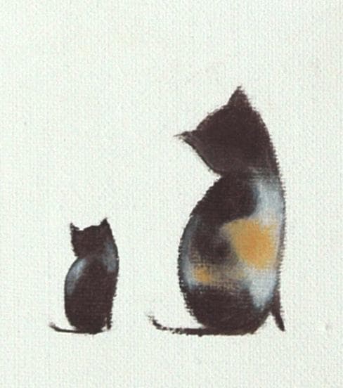 油絵 菅家令子 絵 絵画インテリア額付(青緑＋金色の枠)F4-030319猫女子