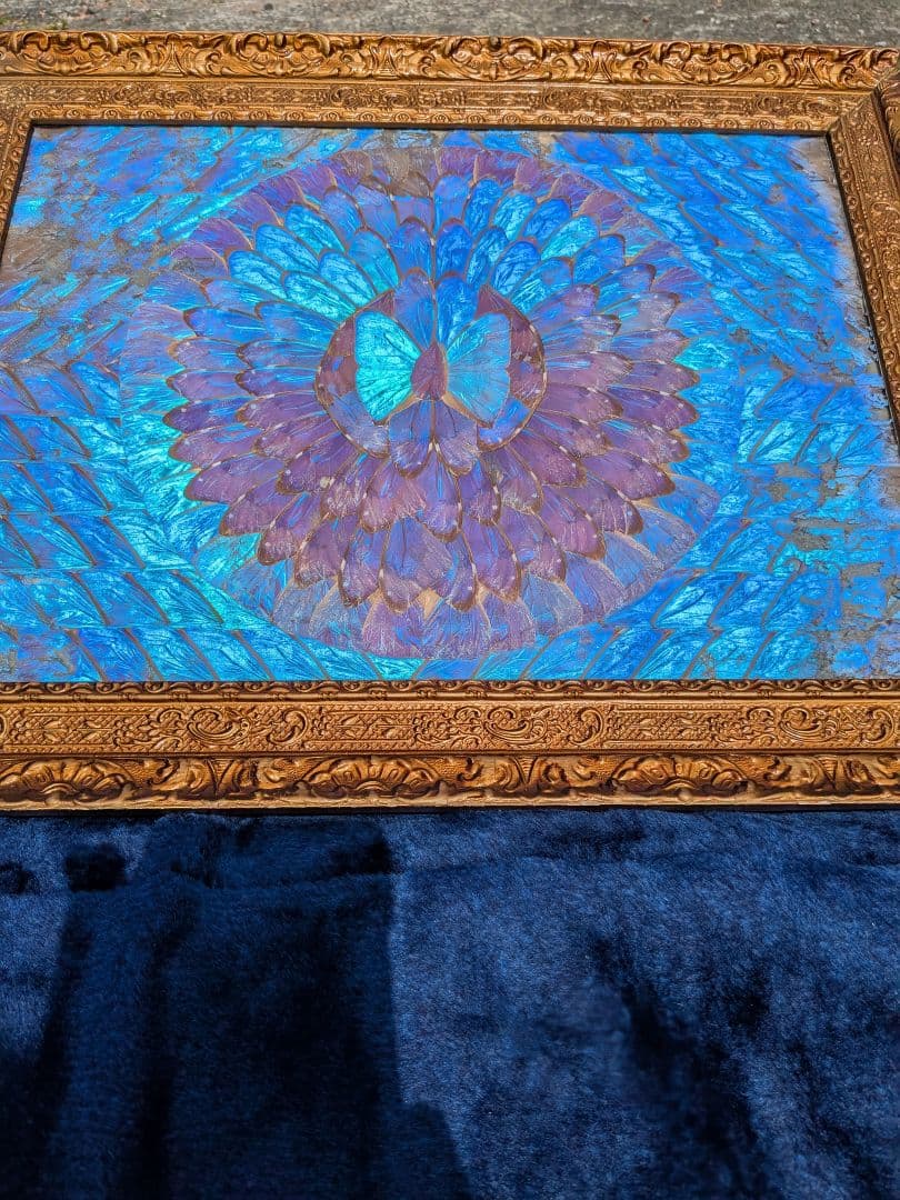 幸せの青いモルフォの羽根のART、長寿、亀アート35cm