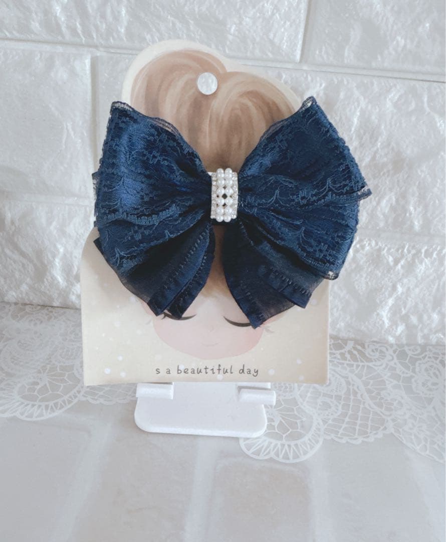 No.15リボンヘアゴム⭐︎ハンドメイド☆サテン☆ネイビー