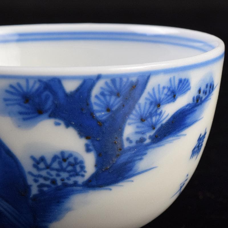 中国　青花　漢詩山水人物文　煎茶碗　時代箱付　V　R9489