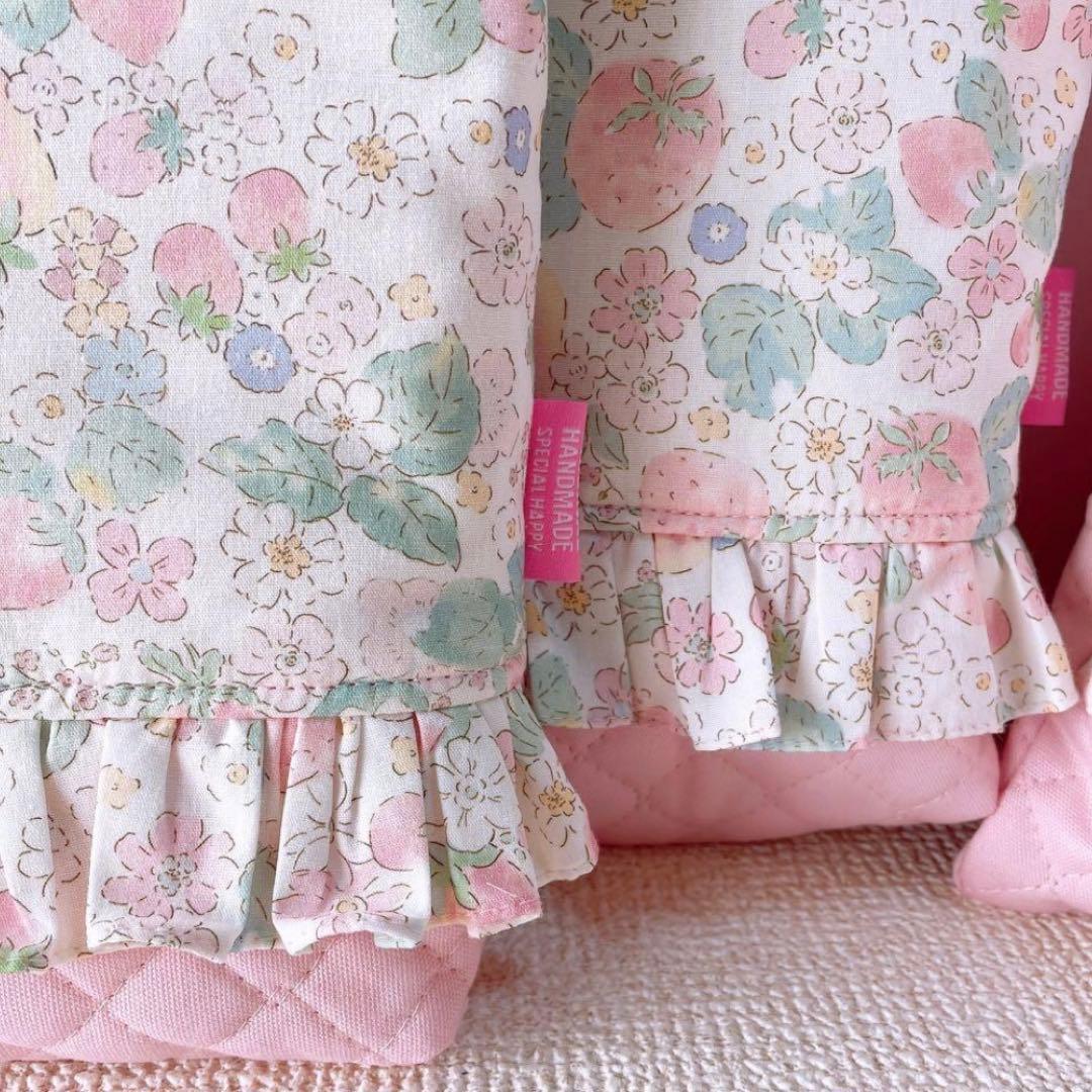 レッスンバック+上履き入れ+体操着袋35×30苺花柄フリル３点セット②−2