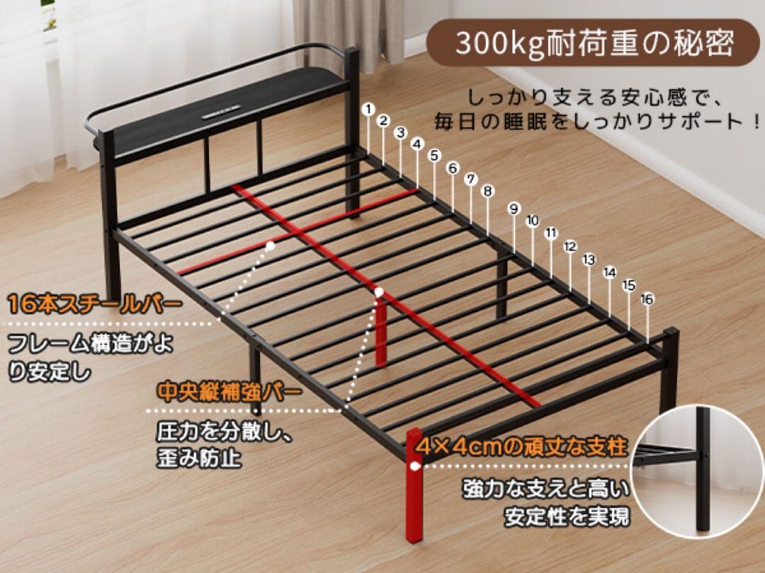 新品未使用品　ベッドフレーム シングル ベッド2口コンセント パイプベッド
