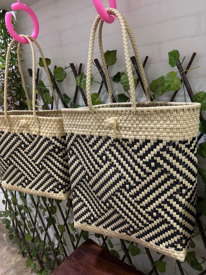 ロングトートかごバッグ♡ブラック＆ベージュ編み込み柄♡新品♡メルカド