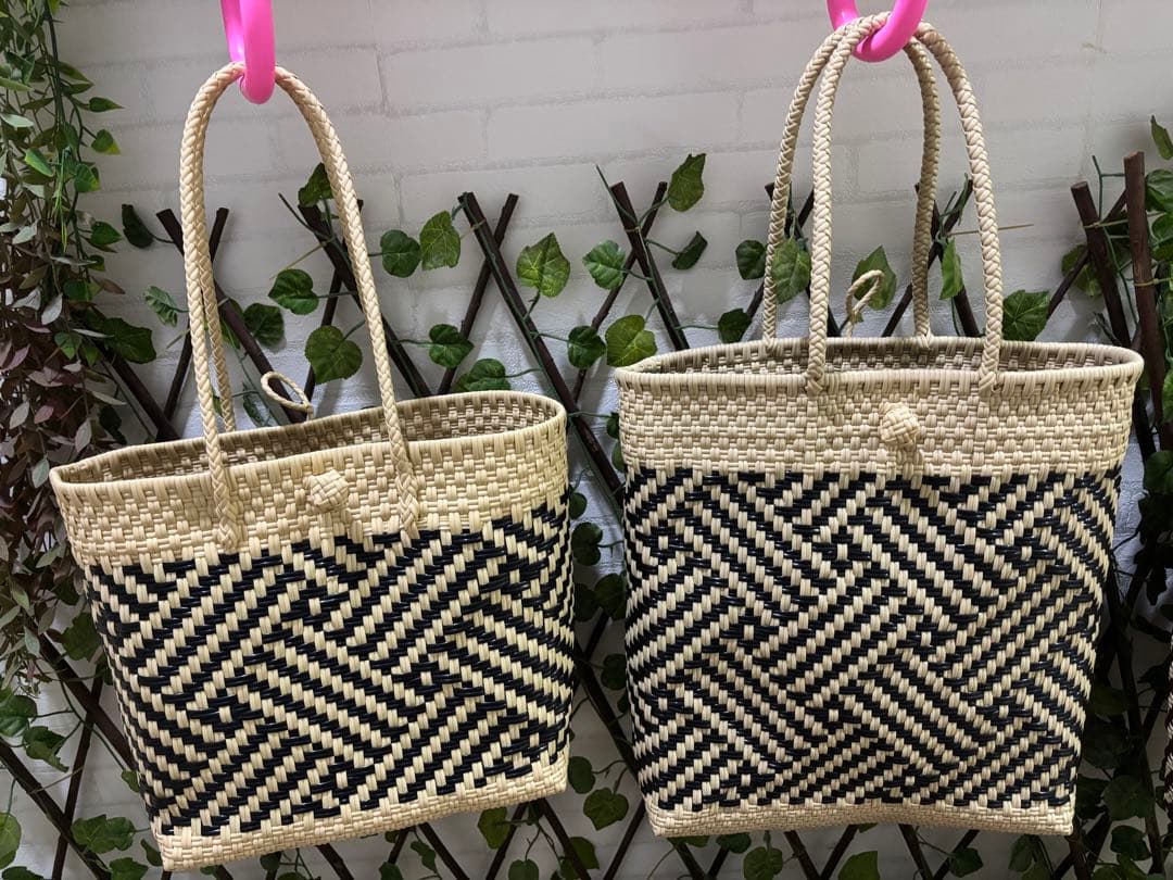 ロングトートかごバッグ♡ブラック＆ベージュ編み込み柄♡新品♡メルカド