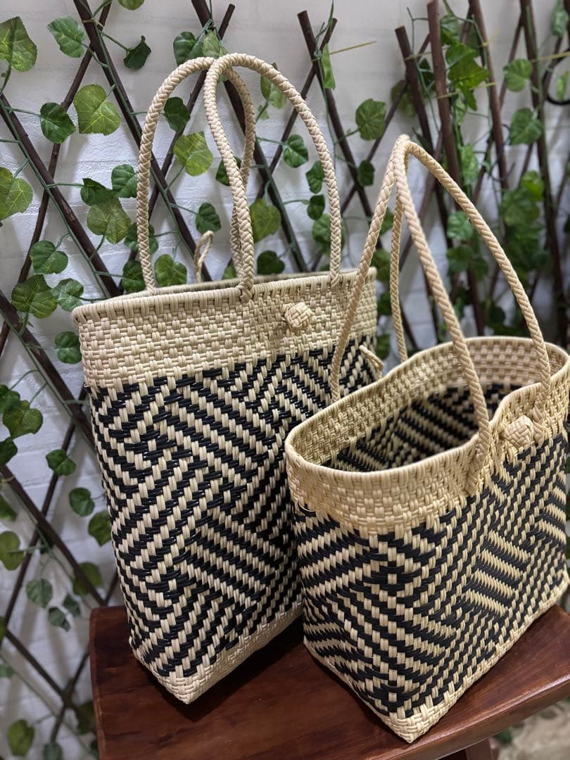 ロングトートかごバッグ♡ブラック＆ベージュ編み込み柄♡新品♡メルカド