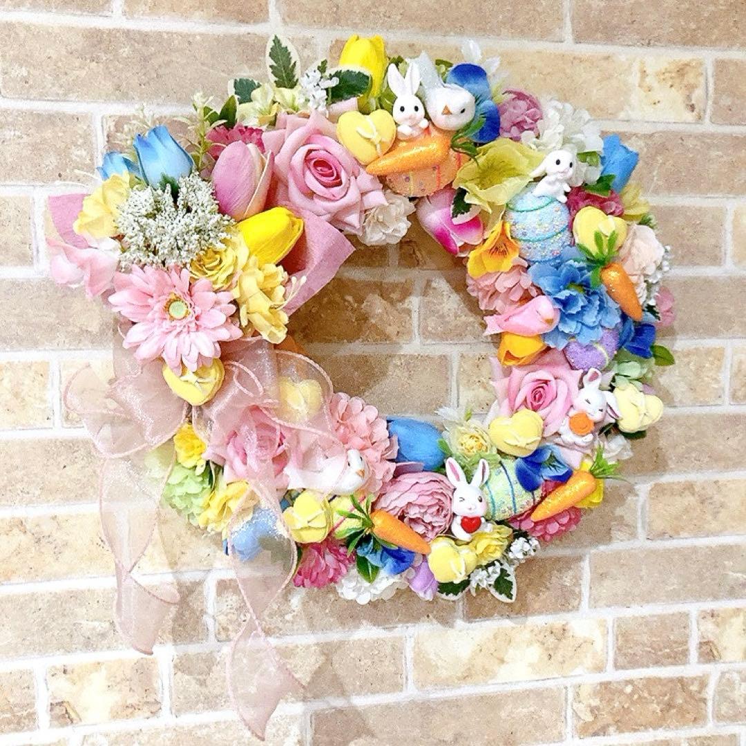 フラワーリース♡小さなブーケが付いたホッコリ可愛い♡イースターリース♡造花リース