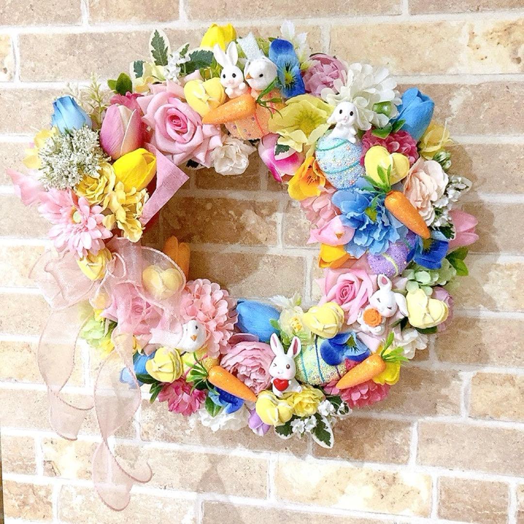 フラワーリース♡小さなブーケが付いたホッコリ可愛い♡イースターリース♡造花リース