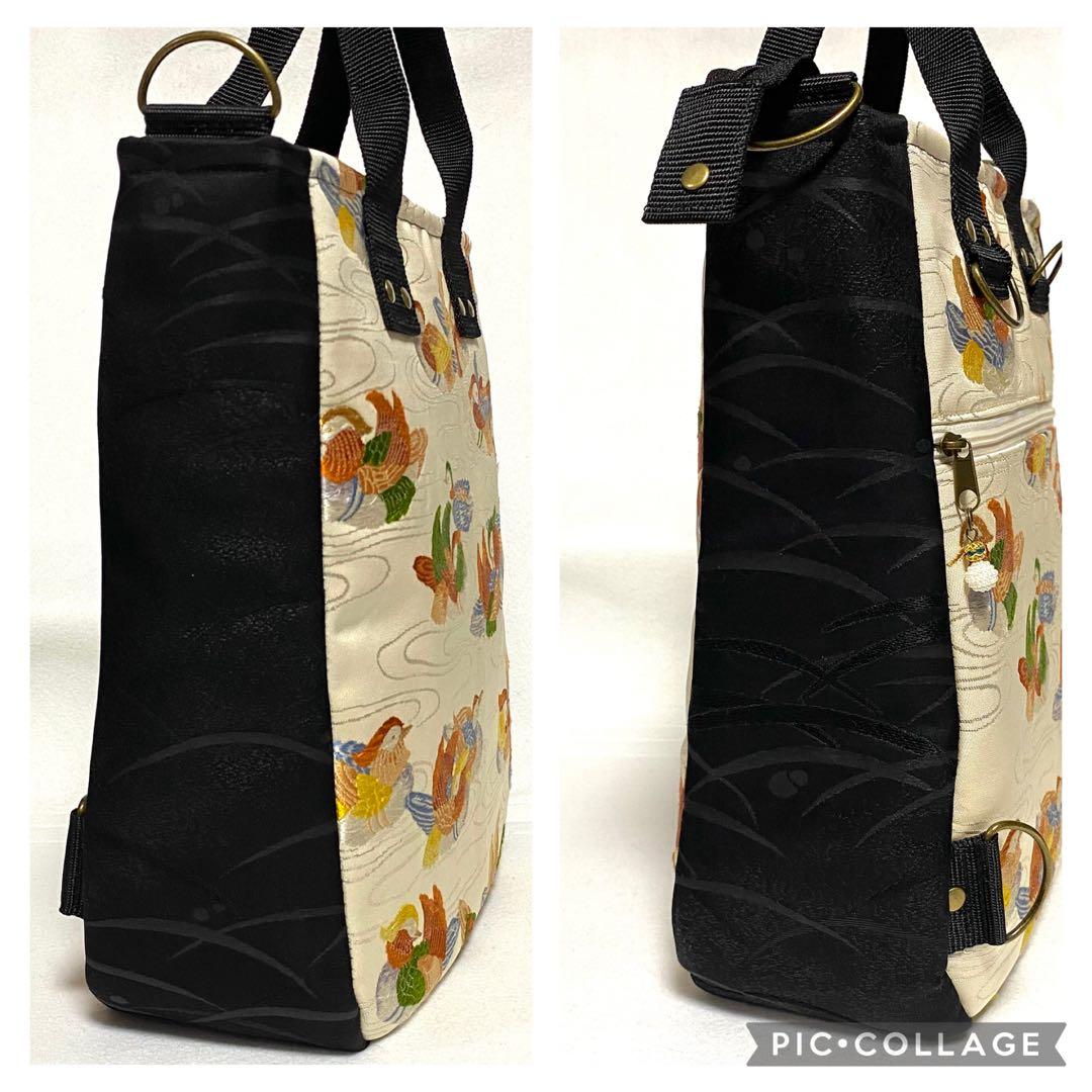 379 帯リメイク　鴛鴦（ オシドリ ）たちのBOX型3wayバッグ