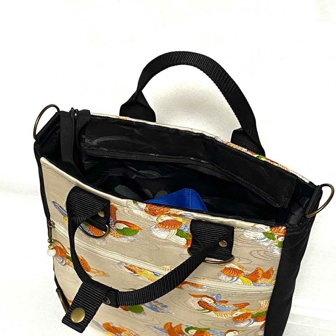 379 帯リメイク　鴛鴦（ オシドリ ）たちのBOX型3wayバッグ