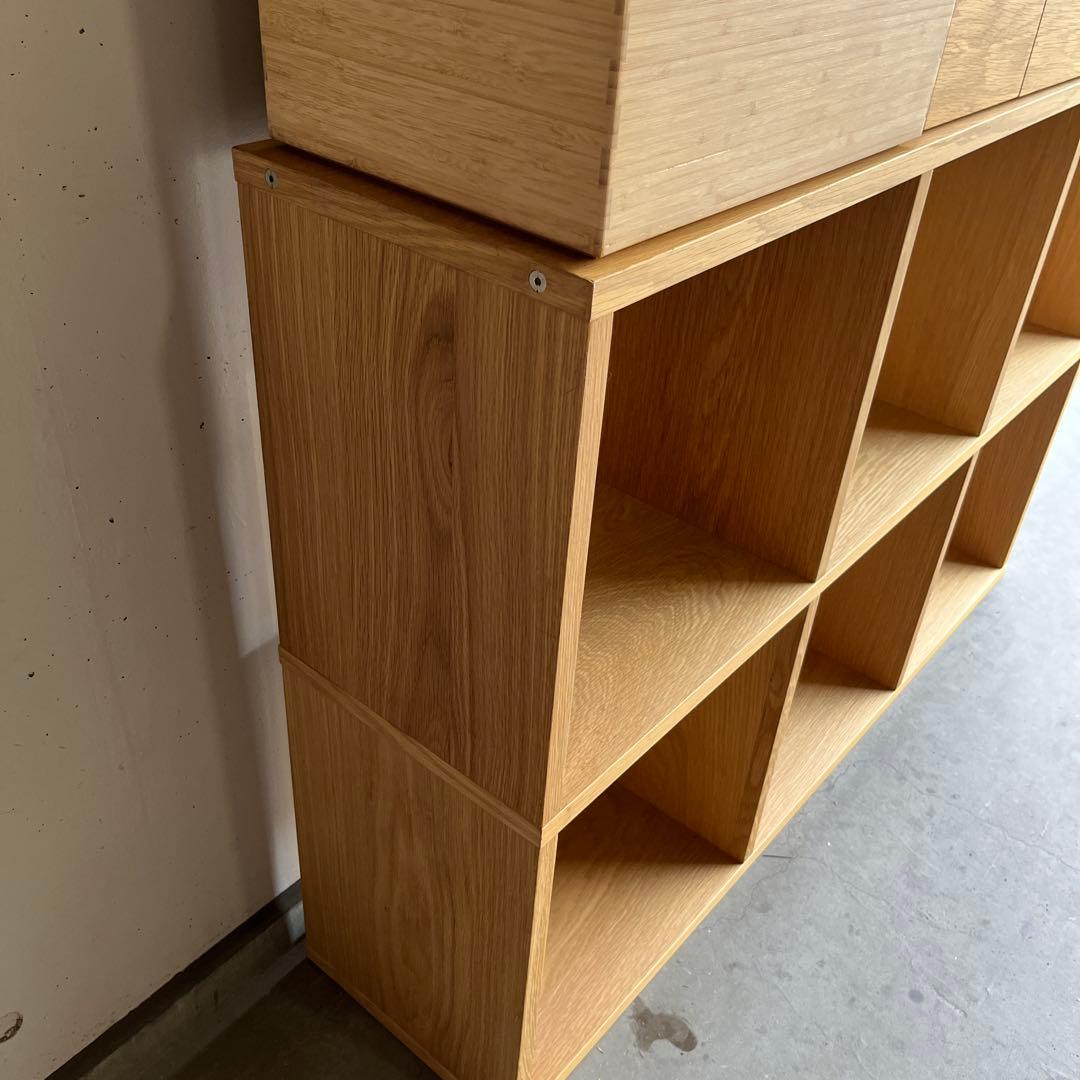 美品★無印 スタッキングシェルフセット・３段×２列・オーク材 チェスト２個竹箱付