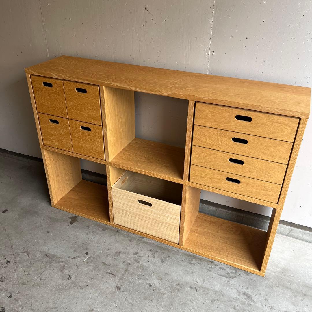 美品★無印 スタッキングシェルフセット・３段×２列・オーク材 チェスト２個竹箱付