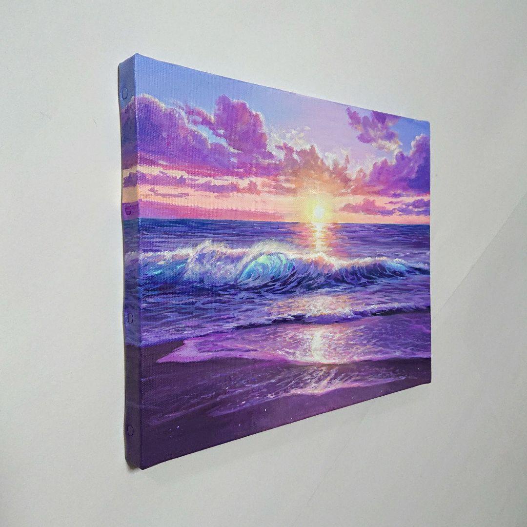 【夕闇が迫る時】アクリル画 F3 風景画 絵画 海の絵