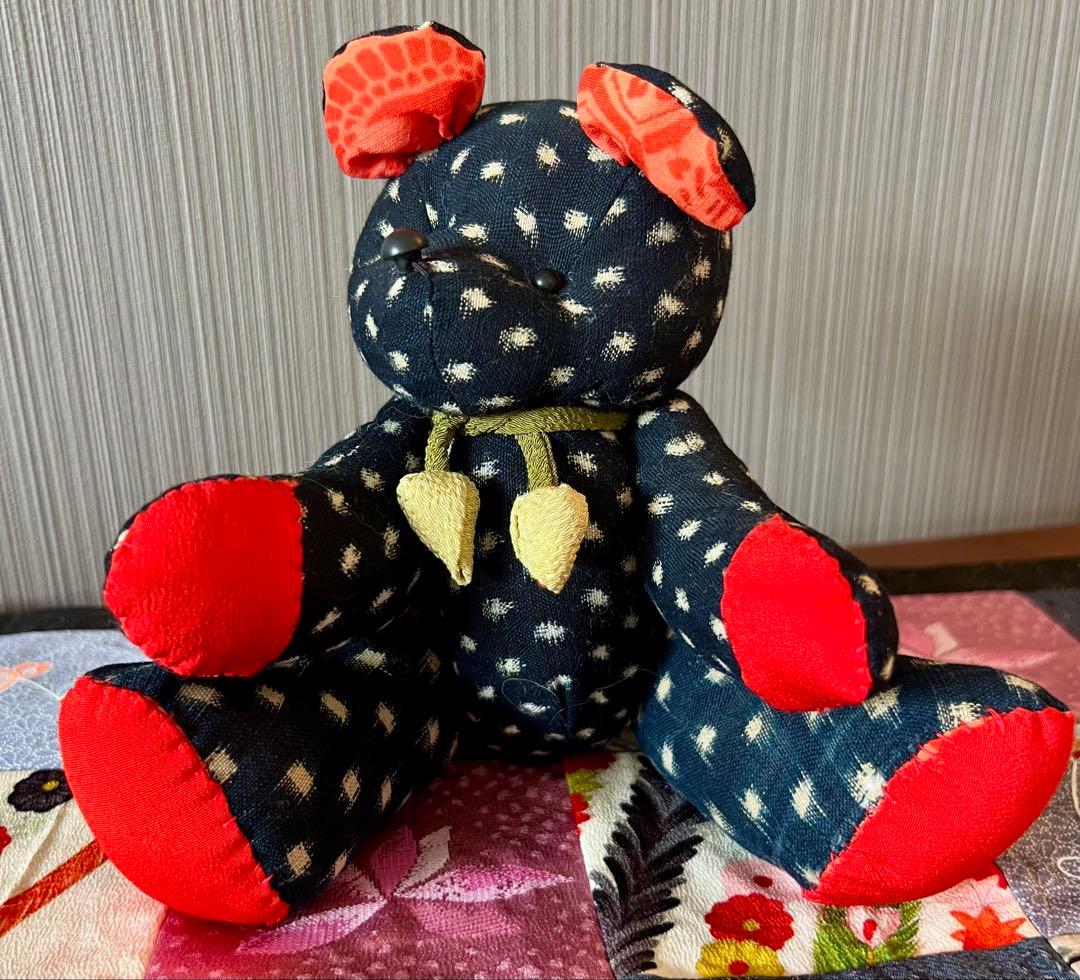 かすり　着物　古布　ゆきんこかすり　和製　和柄　テディベア　クマ　ハンドメイド
