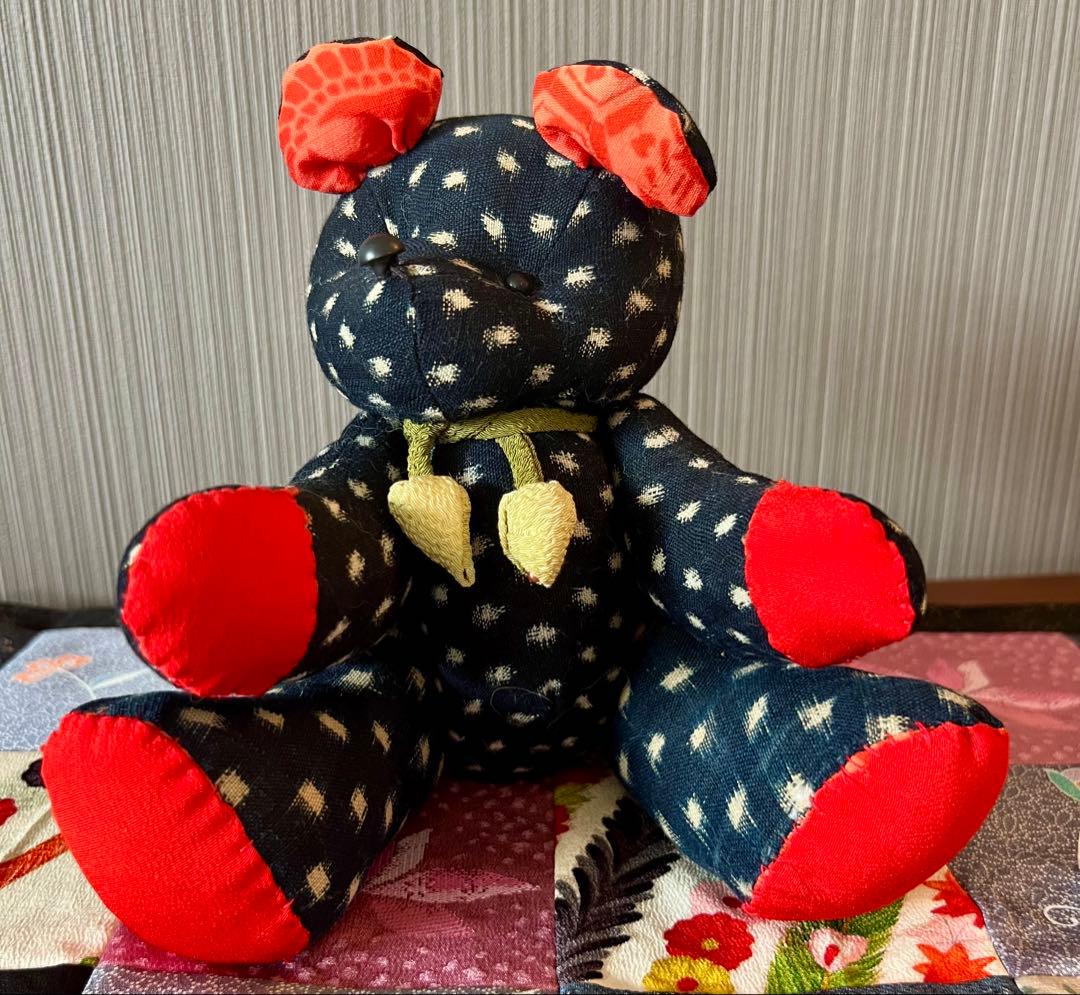 かすり　着物　古布　ゆきんこかすり　和製　和柄　テディベア　クマ　ハンドメイド