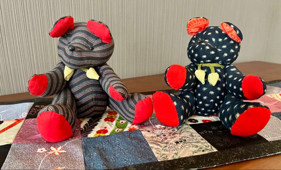 かすり　着物　古布　ゆきんこかすり　和製　和柄　テディベア　クマ　ハンドメイド