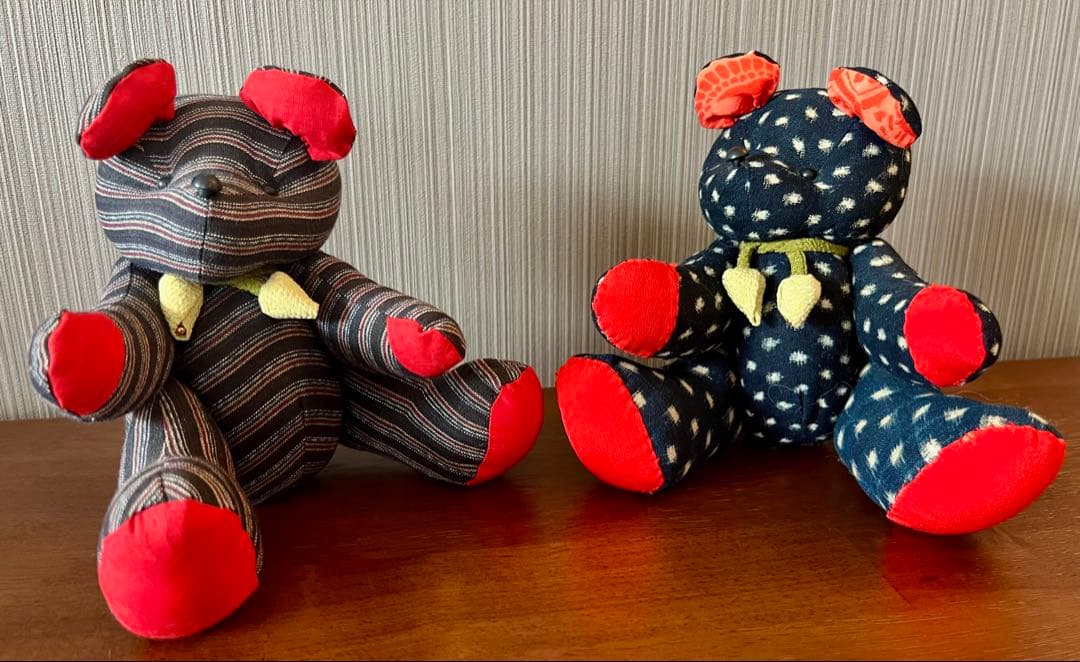 かすり　着物　古布　ゆきんこかすり　和製　和柄　テディベア　クマ　ハンドメイド