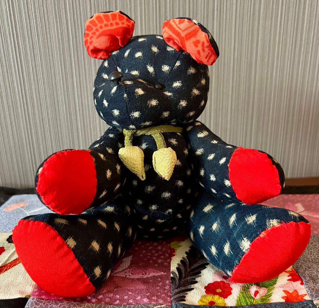 かすり　着物　古布　ゆきんこかすり　和製　和柄　テディベア　クマ　ハンドメイド