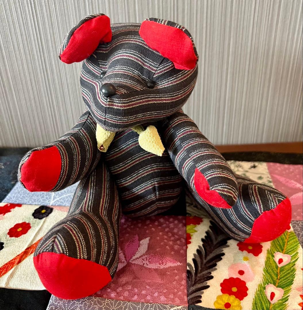 かすり　着物　古布　ゆきんこかすり　和製　和柄　テディベア　クマ　ハンドメイド
