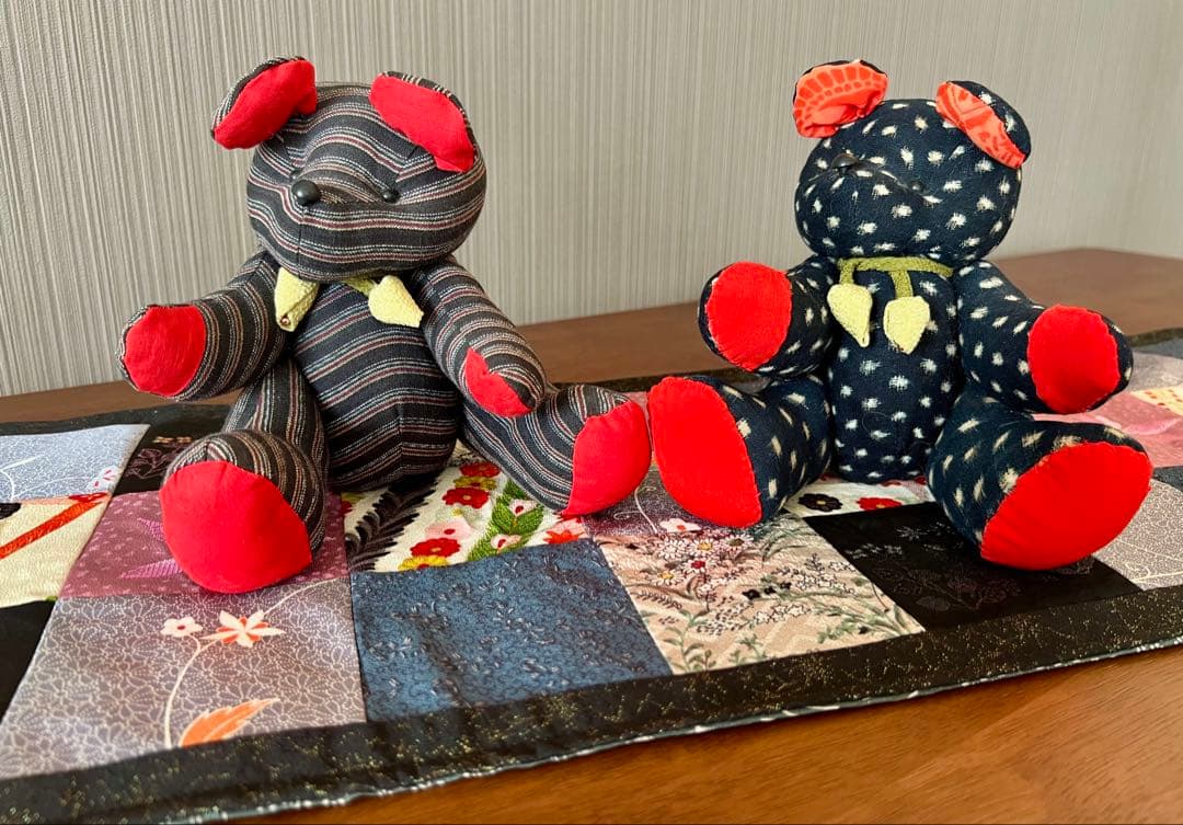 かすり　着物　古布　ゆきんこかすり　和製　和柄　テディベア　クマ　ハンドメイド
