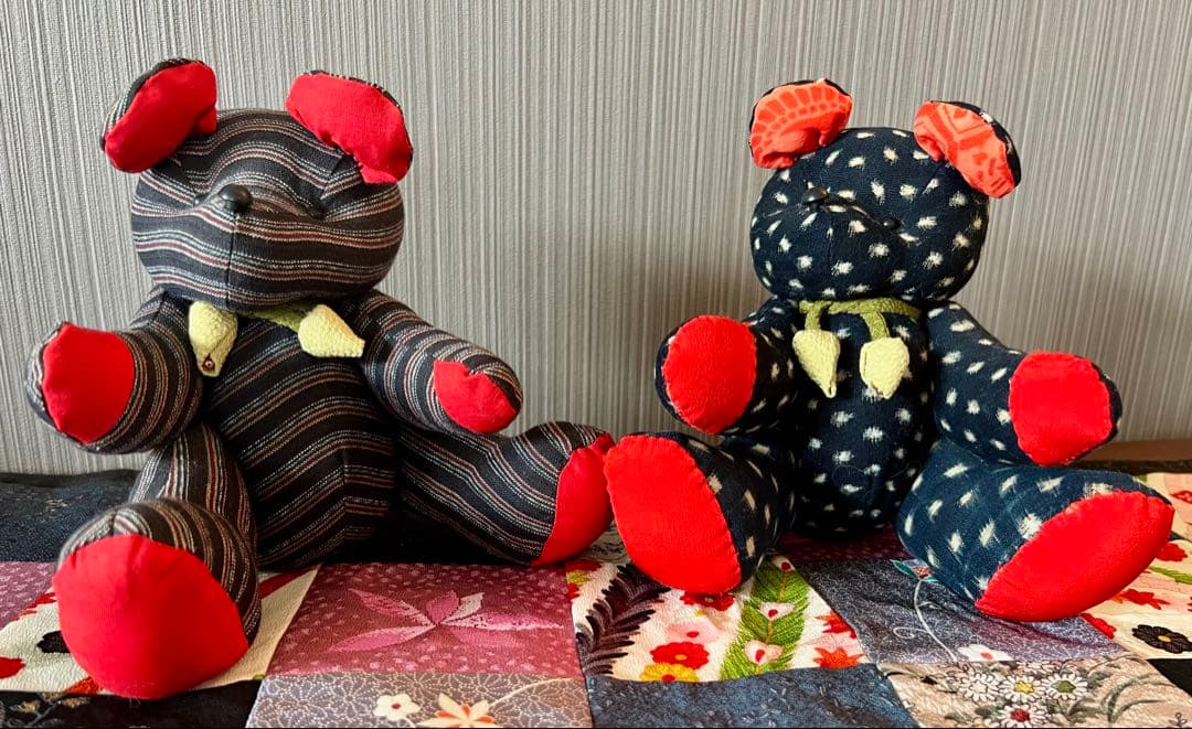 かすり　着物　古布　ゆきんこかすり　和製　和柄　テディベア　クマ　ハンドメイド