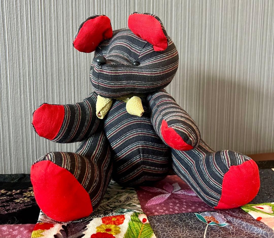かすり　着物　古布　ゆきんこかすり　和製　和柄　テディベア　クマ　ハンドメイド