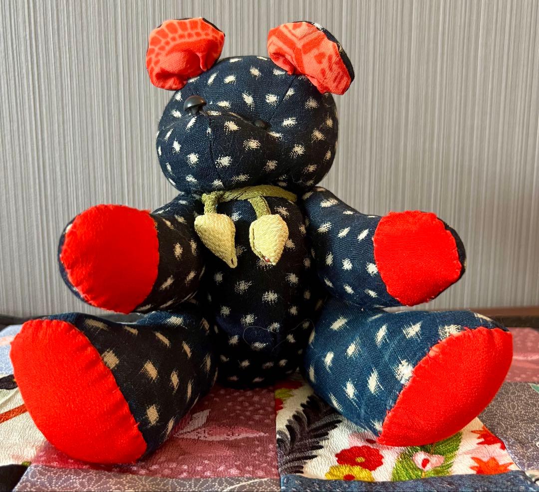 かすり　着物　古布　ゆきんこかすり　和製　和柄　テディベア　クマ　ハンドメイド