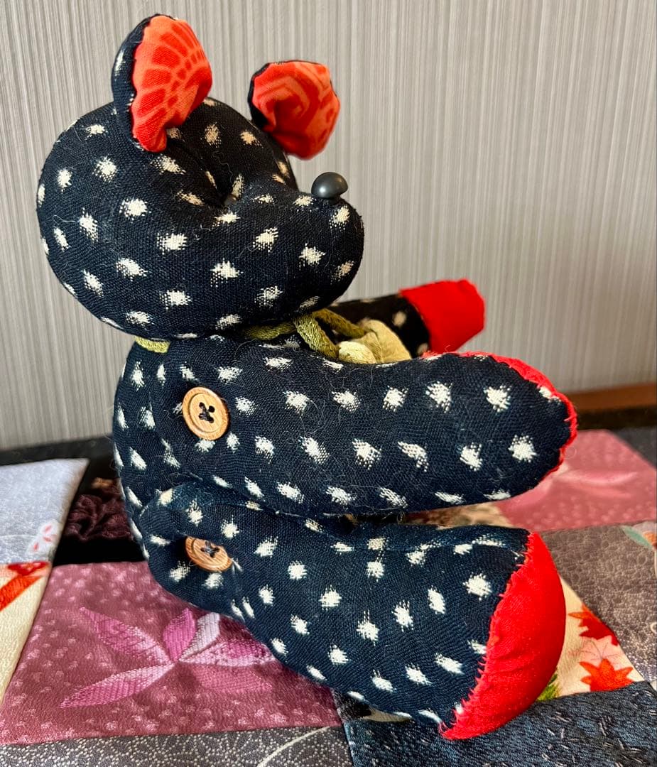 かすり　着物　古布　ゆきんこかすり　和製　和柄　テディベア　クマ　ハンドメイド