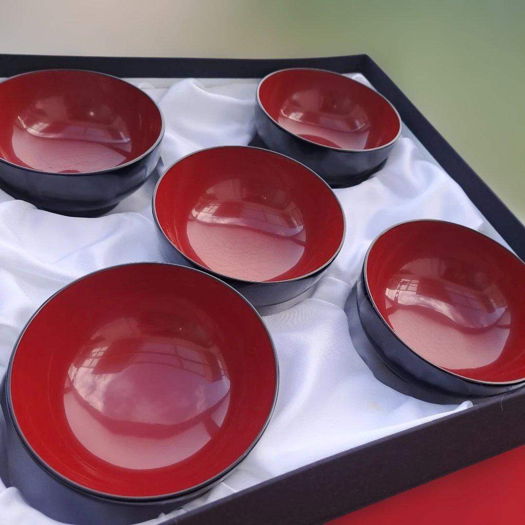 【輪島塗　布袋型\"汁椀×5客】布着本堅地　内朱　未使用品