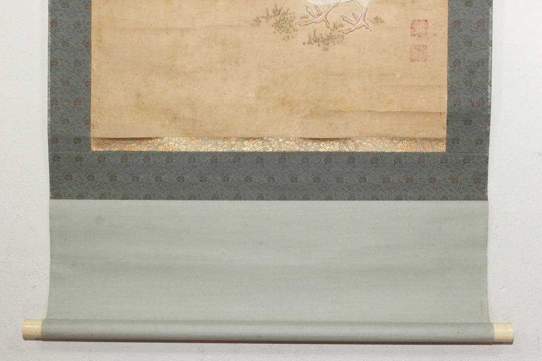 No5734 掛軸　作者不詳　在印　鶏図　紙本着色　日本画　鳥獣　古画　送料無料