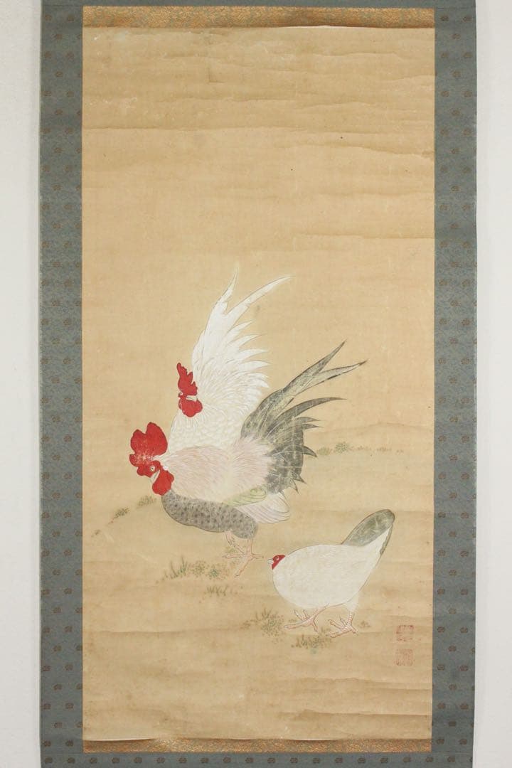 No5734 掛軸　作者不詳　在印　鶏図　紙本着色　日本画　鳥獣　古画　送料無料