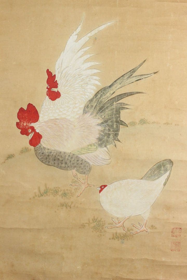 No5734 掛軸　作者不詳　在印　鶏図　紙本着色　日本画　鳥獣　古画　送料無料