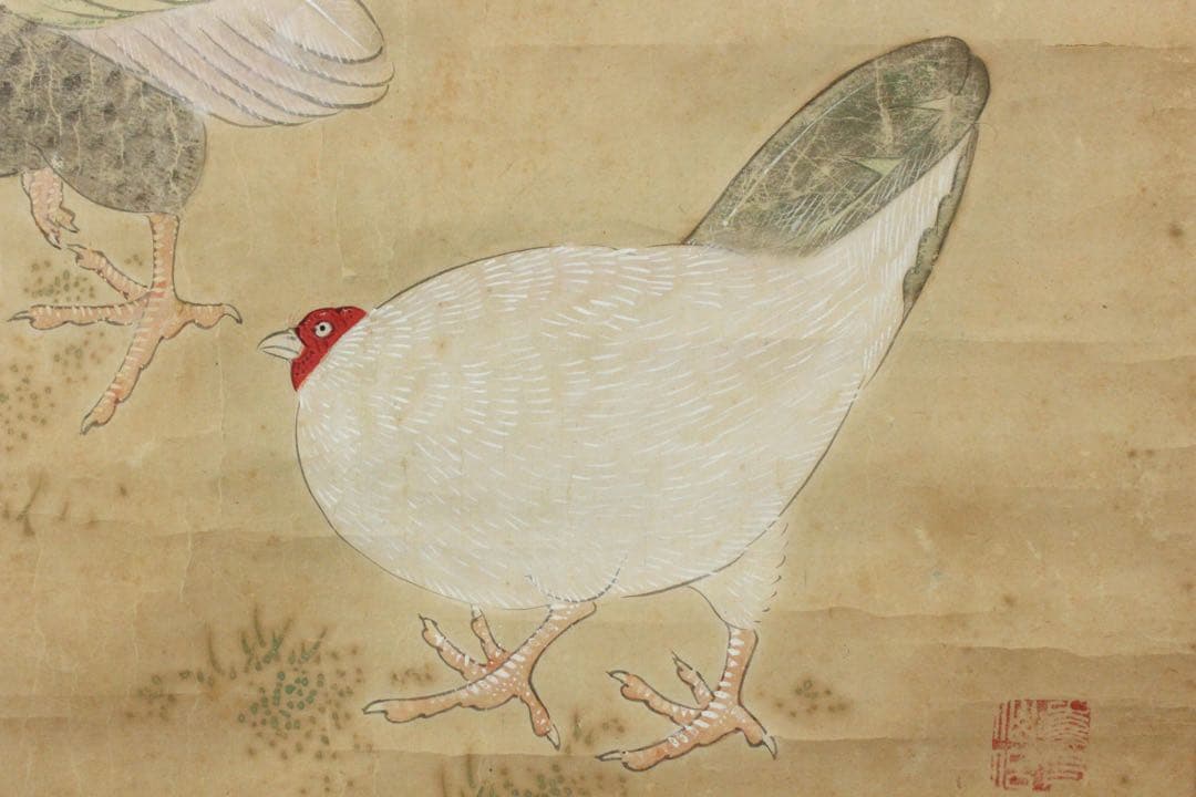 No5734 掛軸　作者不詳　在印　鶏図　紙本着色　日本画　鳥獣　古画　送料無料