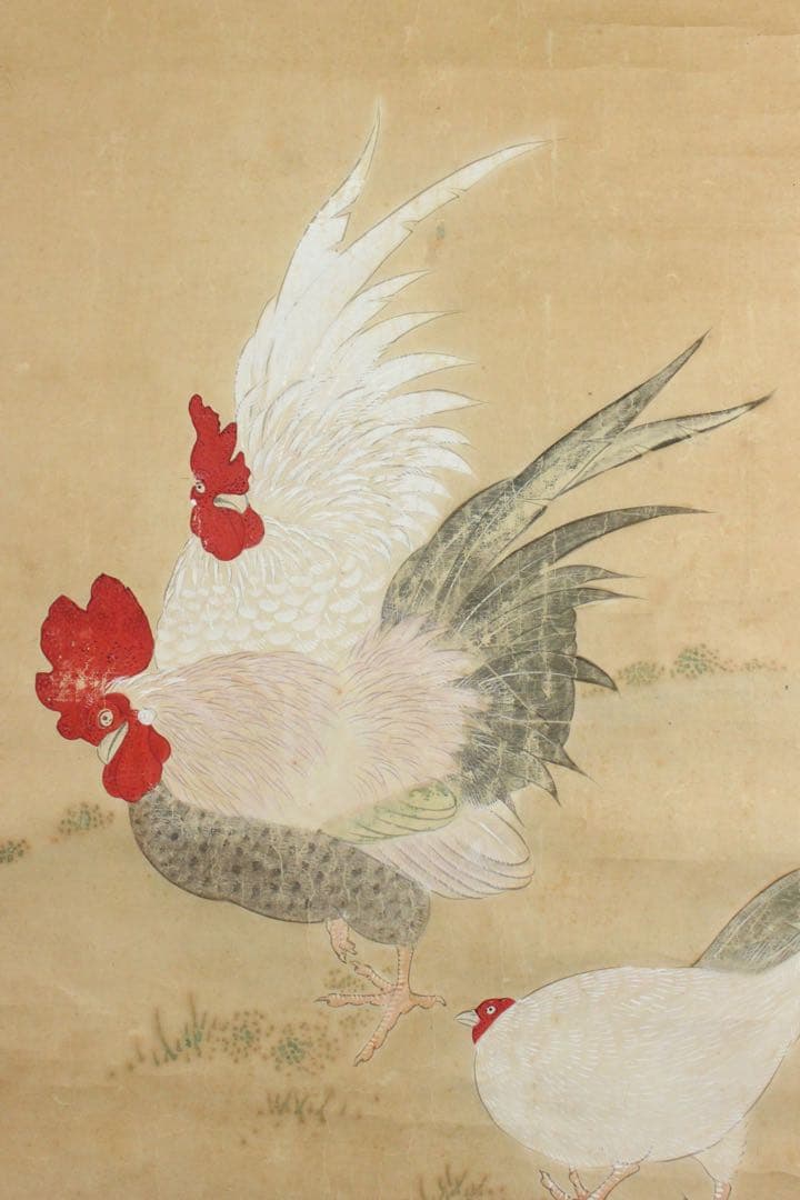 No5734 掛軸　作者不詳　在印　鶏図　紙本着色　日本画　鳥獣　古画　送料無料