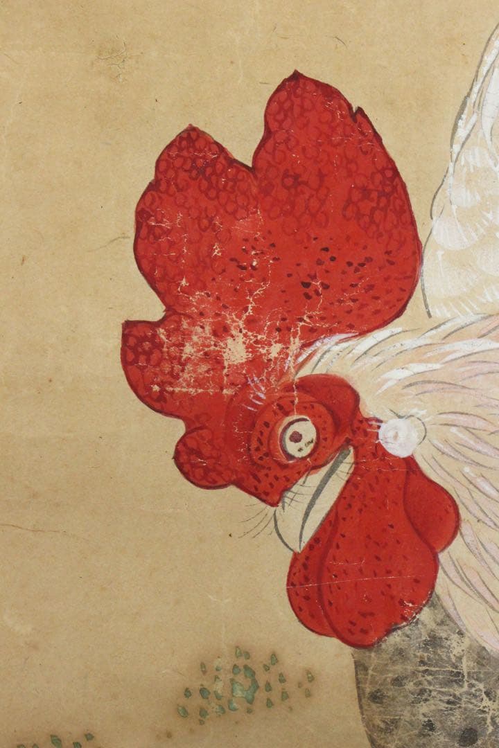 No5734 掛軸　作者不詳　在印　鶏図　紙本着色　日本画　鳥獣　古画　送料無料