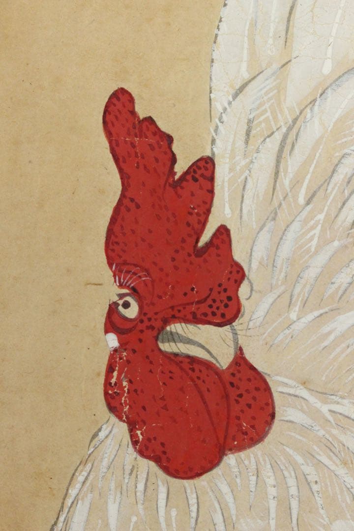 No5734 掛軸　作者不詳　在印　鶏図　紙本着色　日本画　鳥獣　古画　送料無料