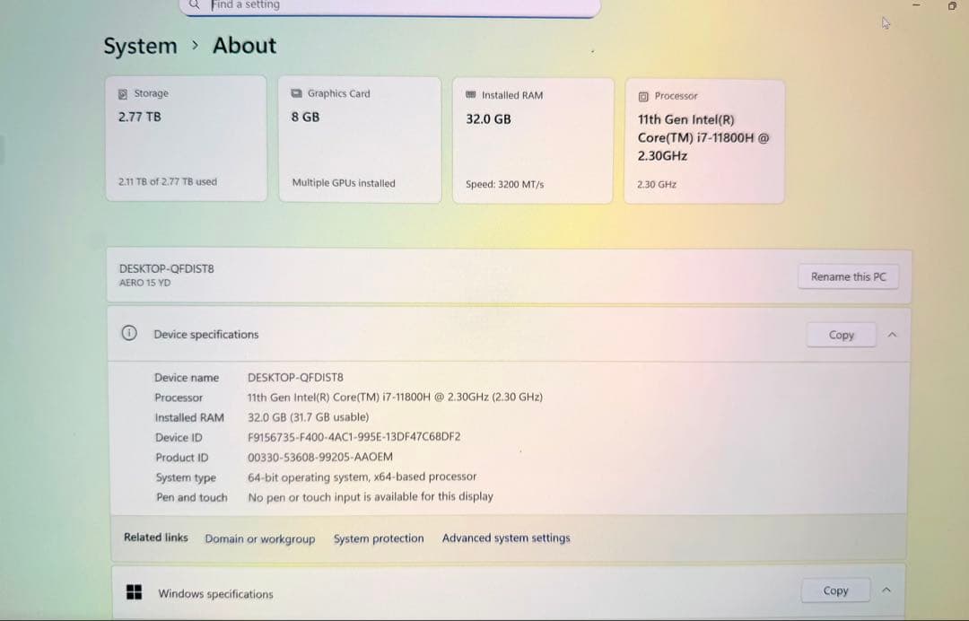 GIGABYTE AERO 15 YD 4K有機EL i7 RTX3080