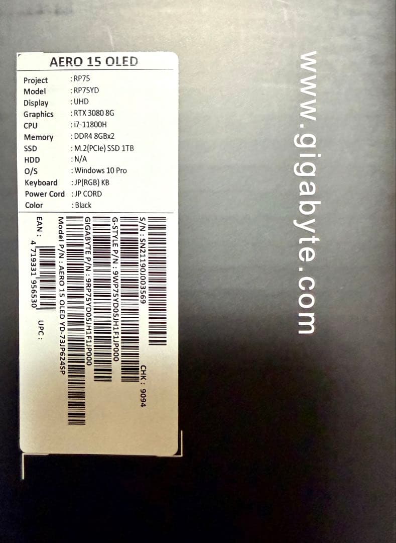 GIGABYTE AERO 15 YD 4K有機EL i7 RTX3080