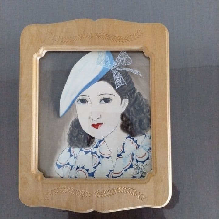 昭和レトロ美人画 直筆 (帽子)木製額縁