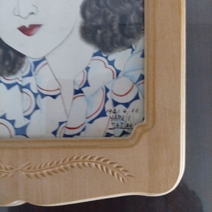 昭和レトロ美人画 直筆 (帽子)木製額縁