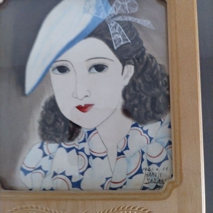 昭和レトロ美人画 直筆 (帽子)木製額縁