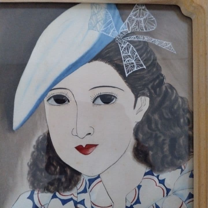 昭和レトロ美人画 直筆 (帽子)木製額縁