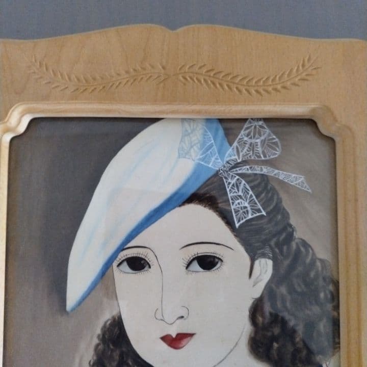 昭和レトロ美人画 直筆 (帽子)木製額縁
