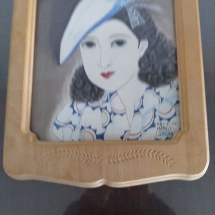 昭和レトロ美人画 直筆 (帽子)木製額縁